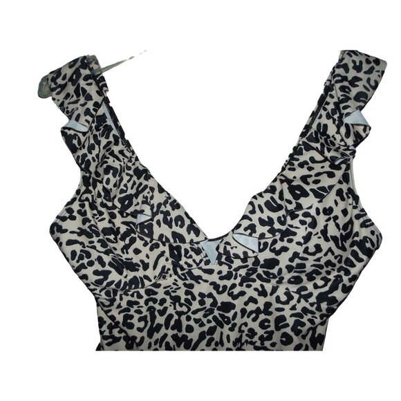 Swimsuit Size Large animal print  Black Beige One piece Swim Suit v-neck ruffle - Picture 3 of 14
